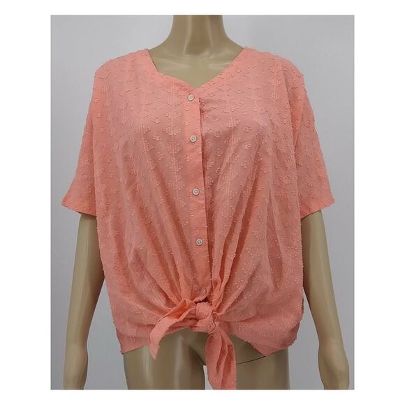 STYLE & COMPANY Tops - STYLE & COMPANY Womens Coral Short Sleeve V Neck Button Up Top Size: S